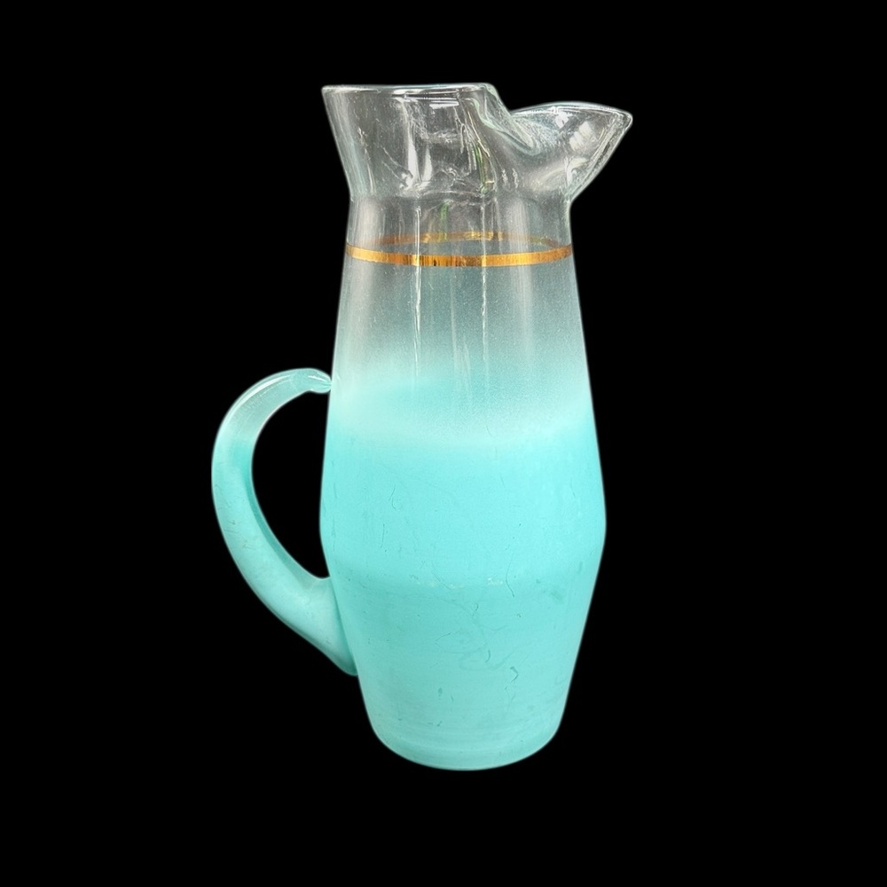Blendo Glass Pitcher Blue Mid-Century Modern MCM Vintage Gold Trim Vase